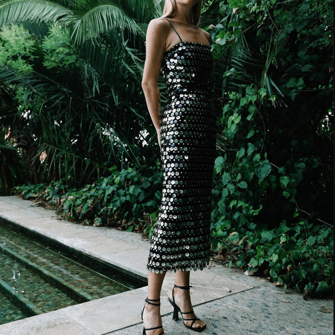 Paillette Sequin Square Neck Strappy Straight Midi Dress 8