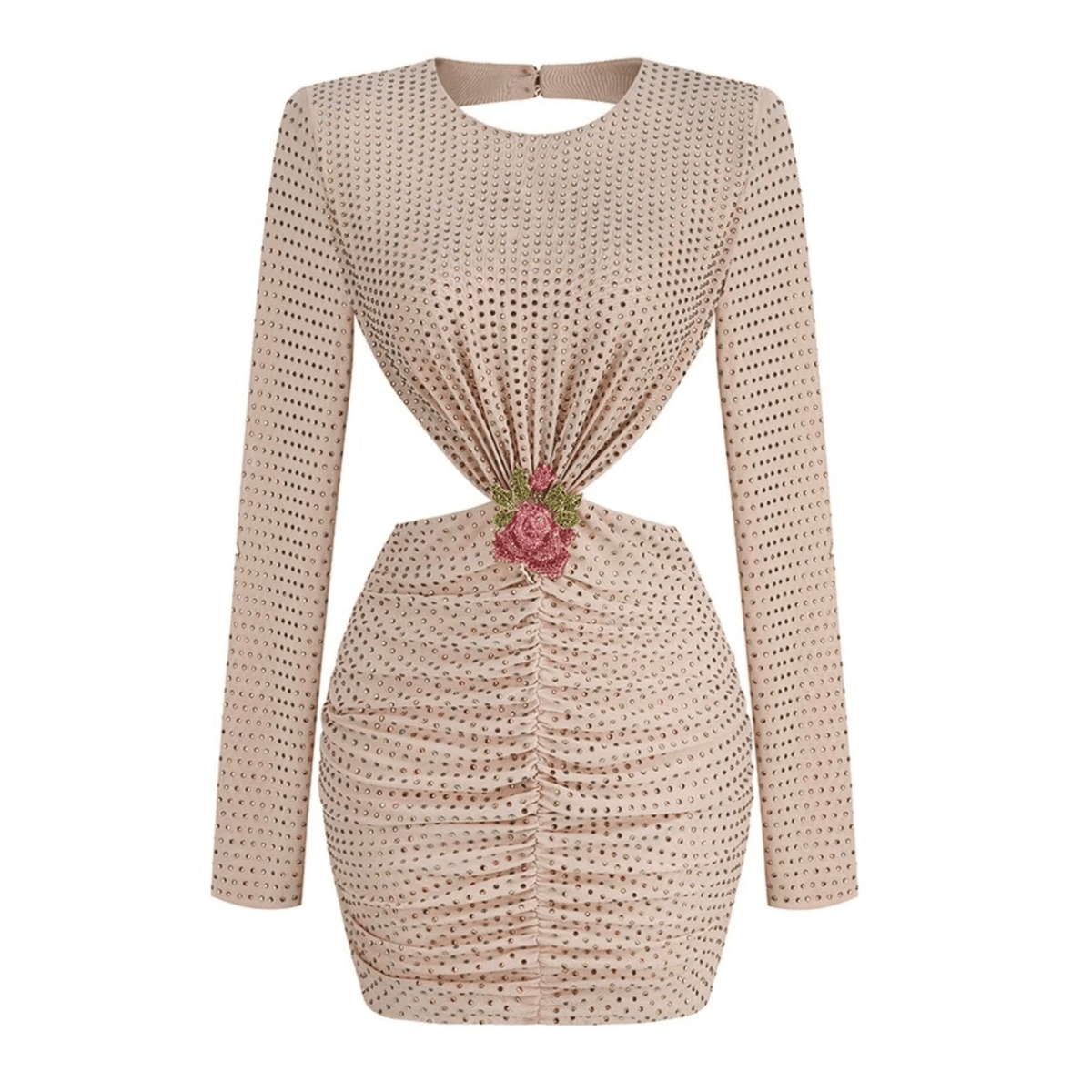 Crystal-Embellished Round-Neck Long-Sleeve Ruched Mini Dress 7
