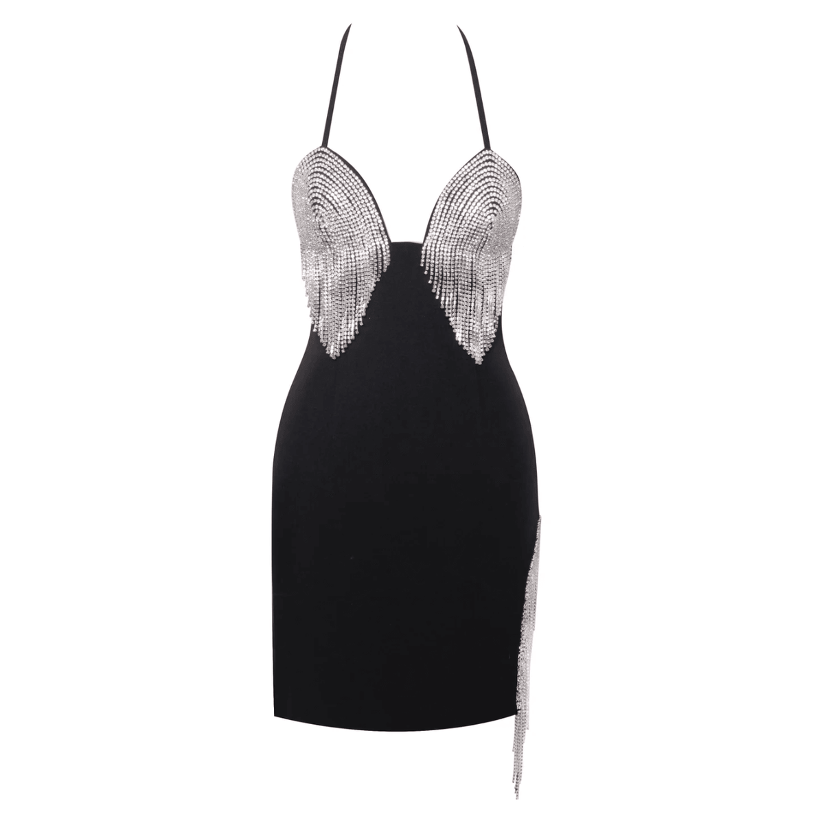 Rhinestone Fringe Halter Deep V-Neck Bodycon Mini Dress - View 16
