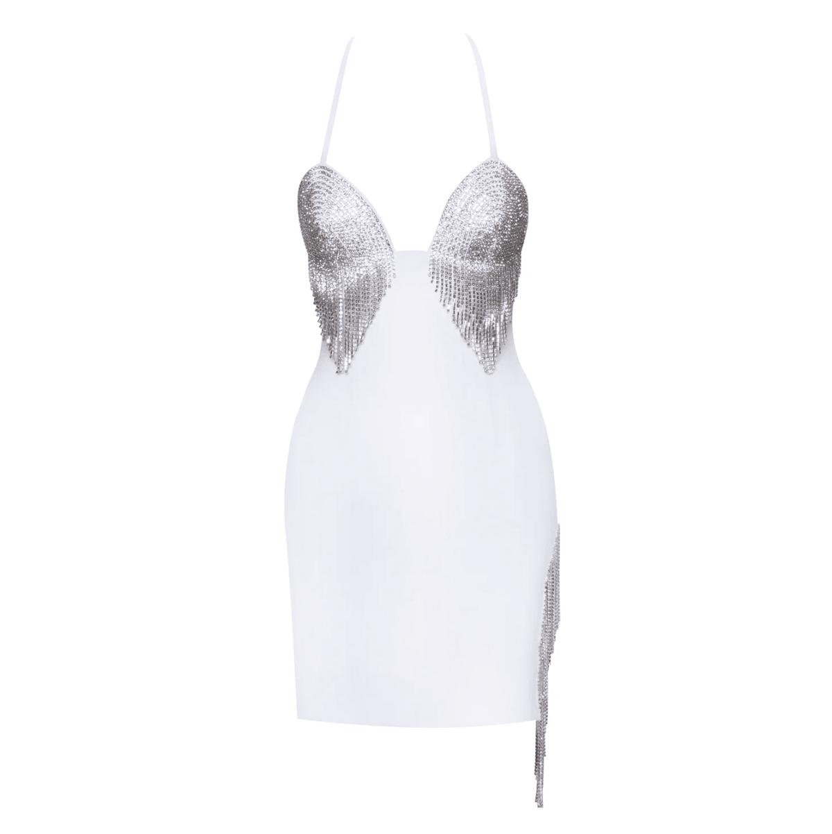 Rhinestone Fringe Halter Deep V-Neck Bodycon Mini Dress - View 13