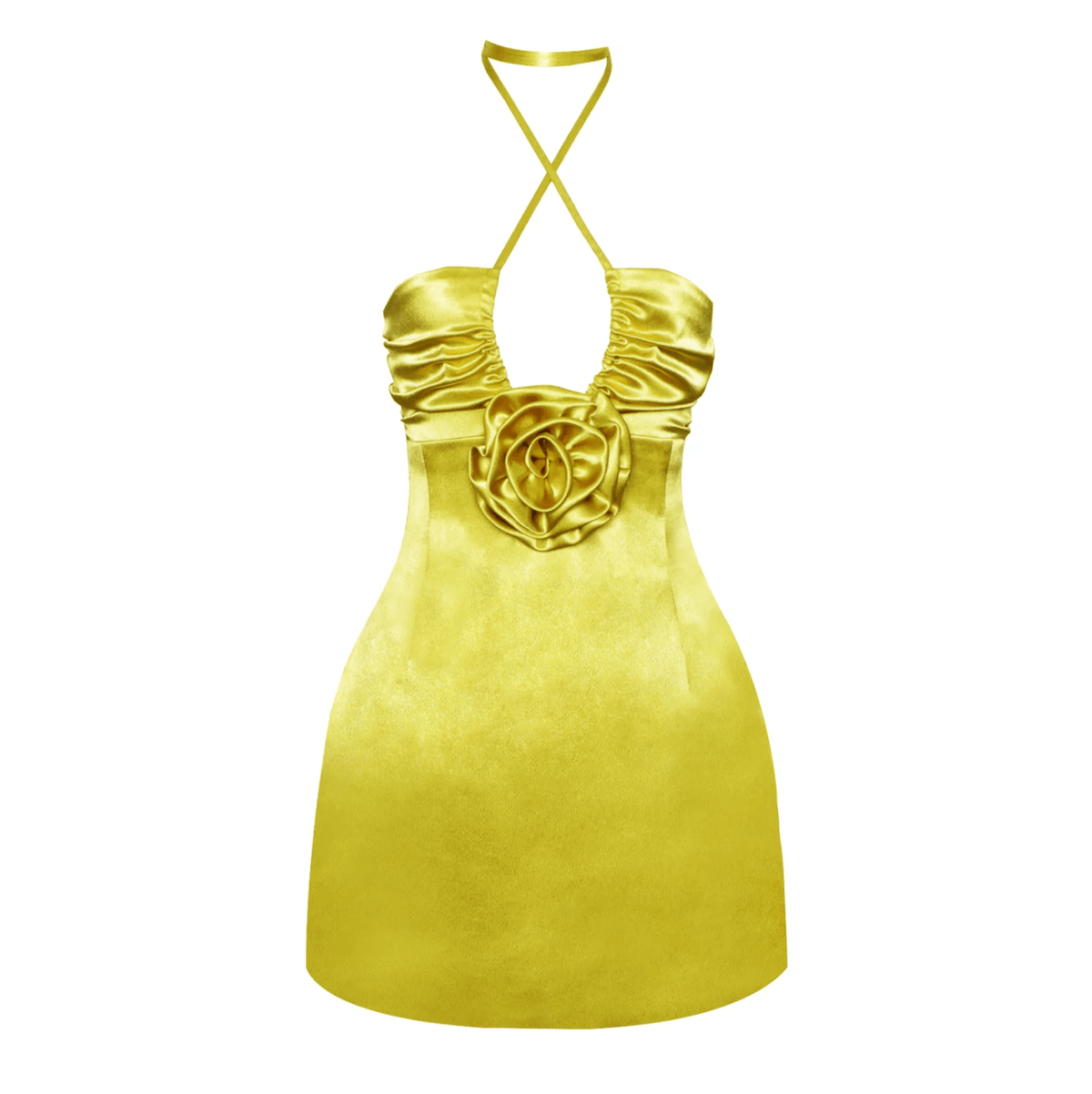 Satin Cross-Halter Rosette Ruched A-Line Mini Dress 8