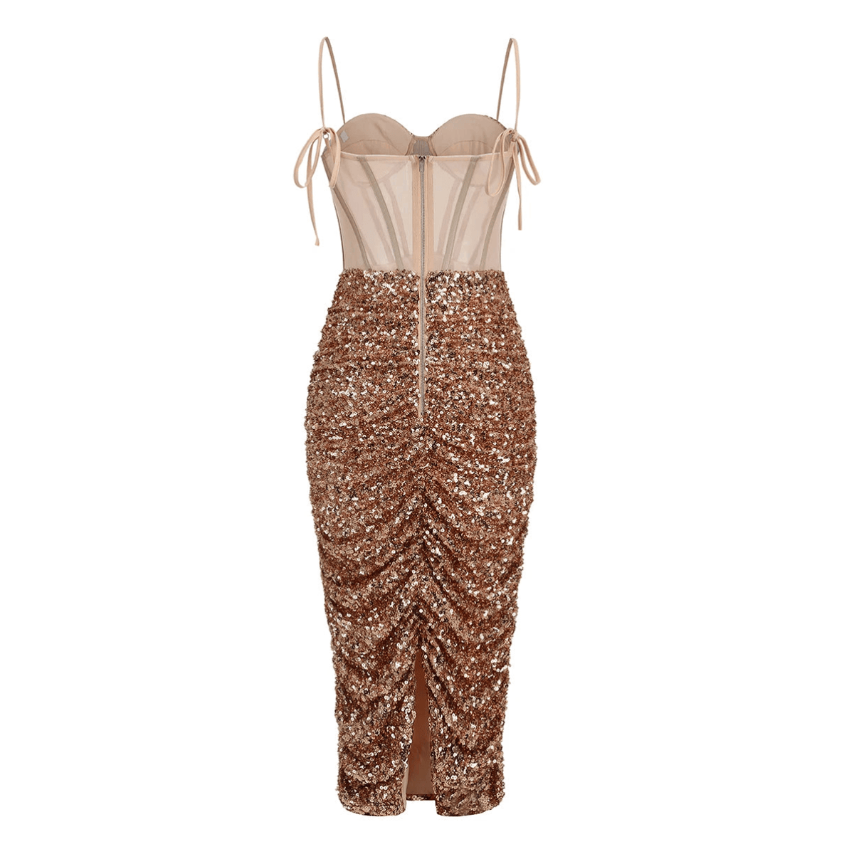 Sequin Spaghetti Strap Bustier Corset Ruched Bodycon Midi Dress - View 9