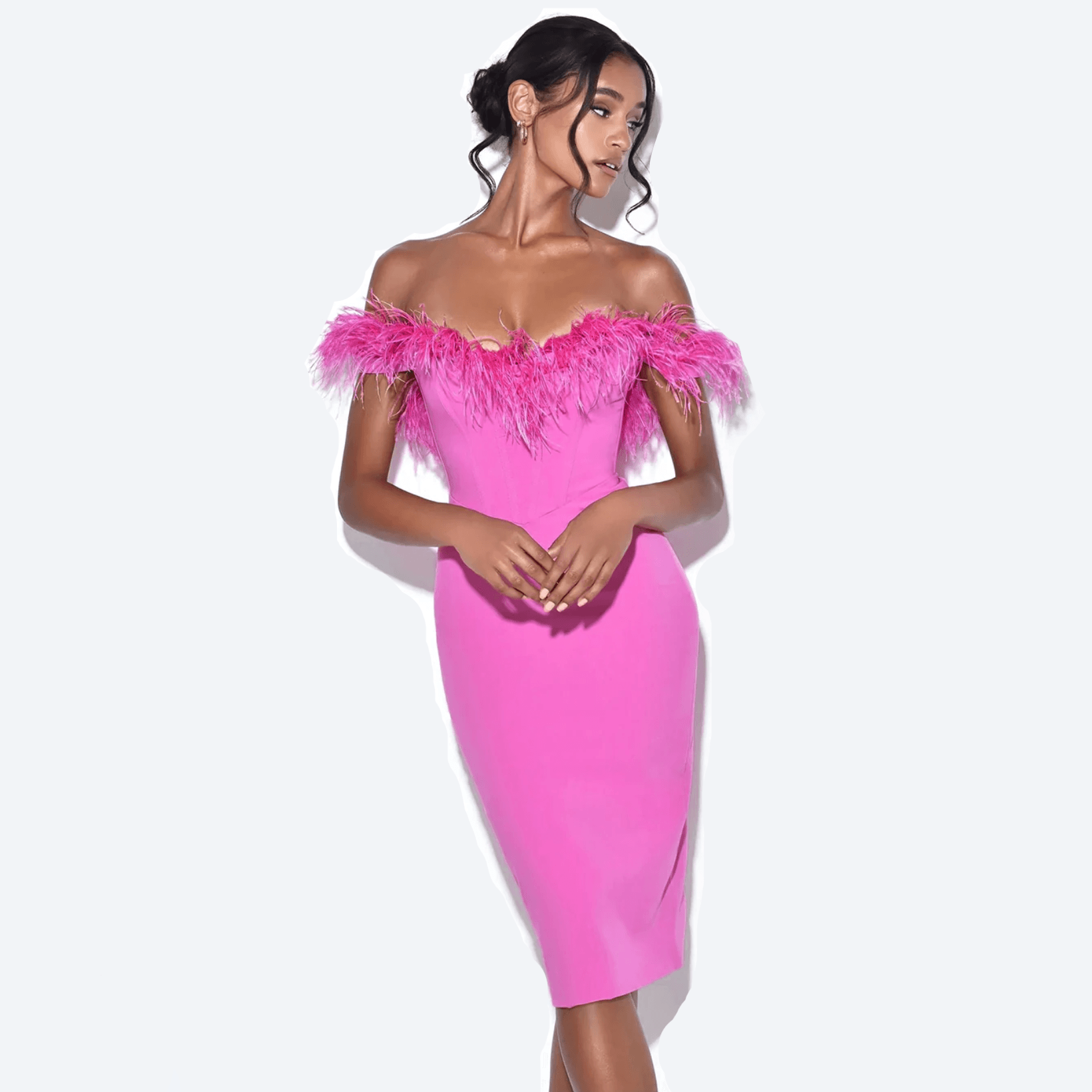 Spicy Pink Feather Corset Midi Dress - Fashionpara