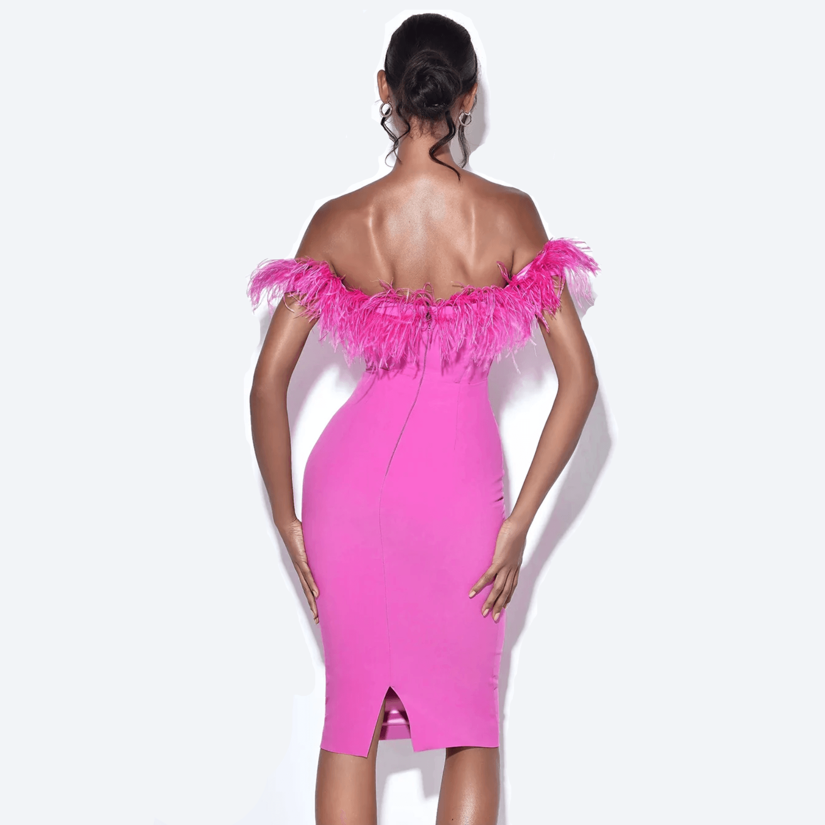 Spicy Pink Feather Corset Midi Dress - Fashionpara
