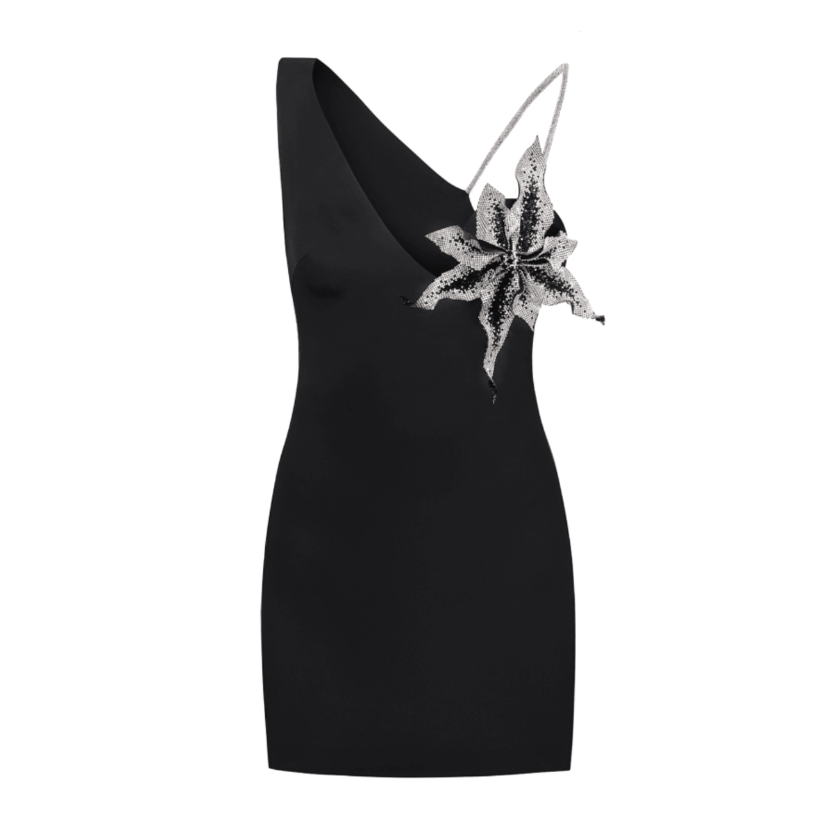Rhinestone One Shoulder Deep V-Neck Floral Applique Bodycon Mini Dress - View 12
