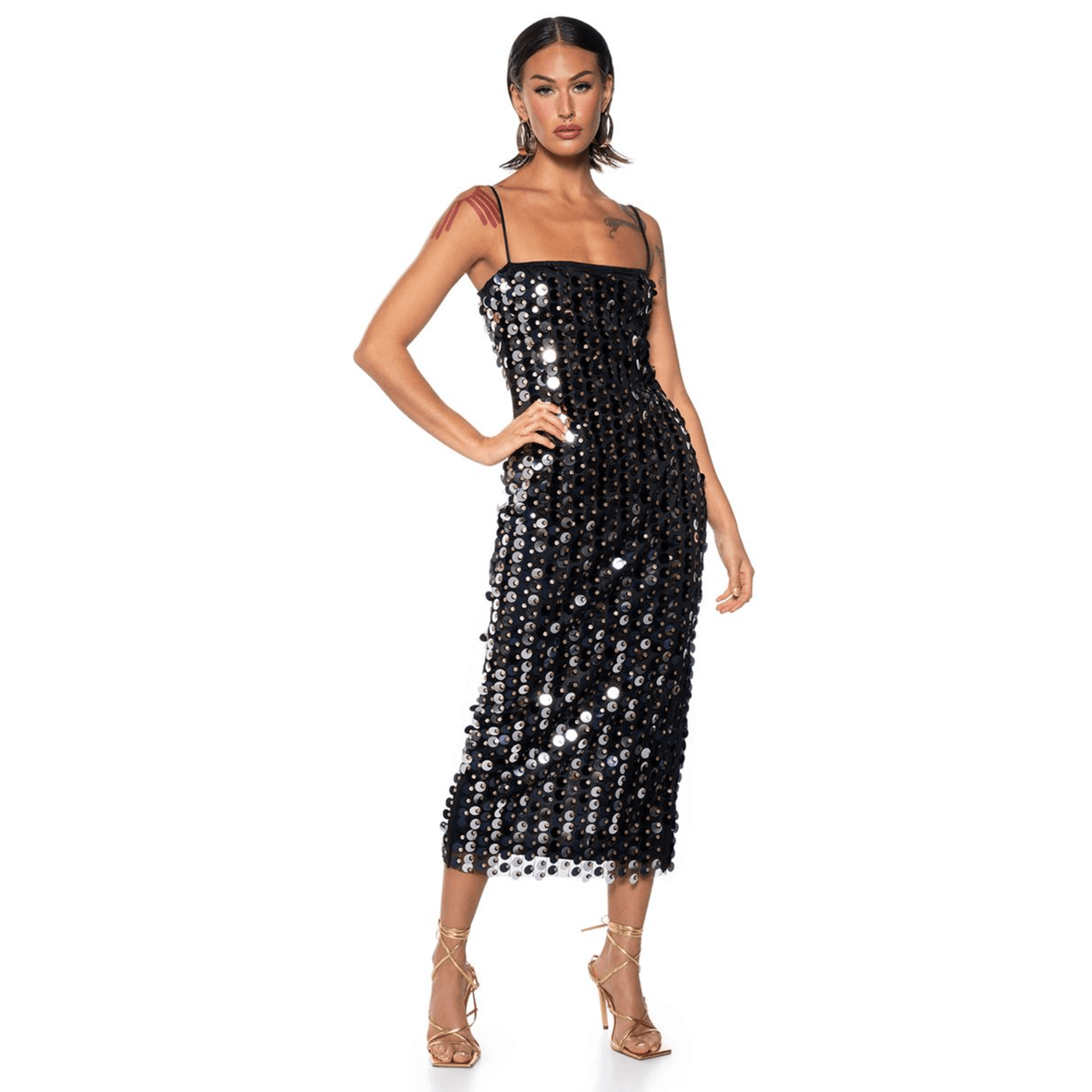 Paillette Sequin Square Neck Strappy Straight Midi Dress 11