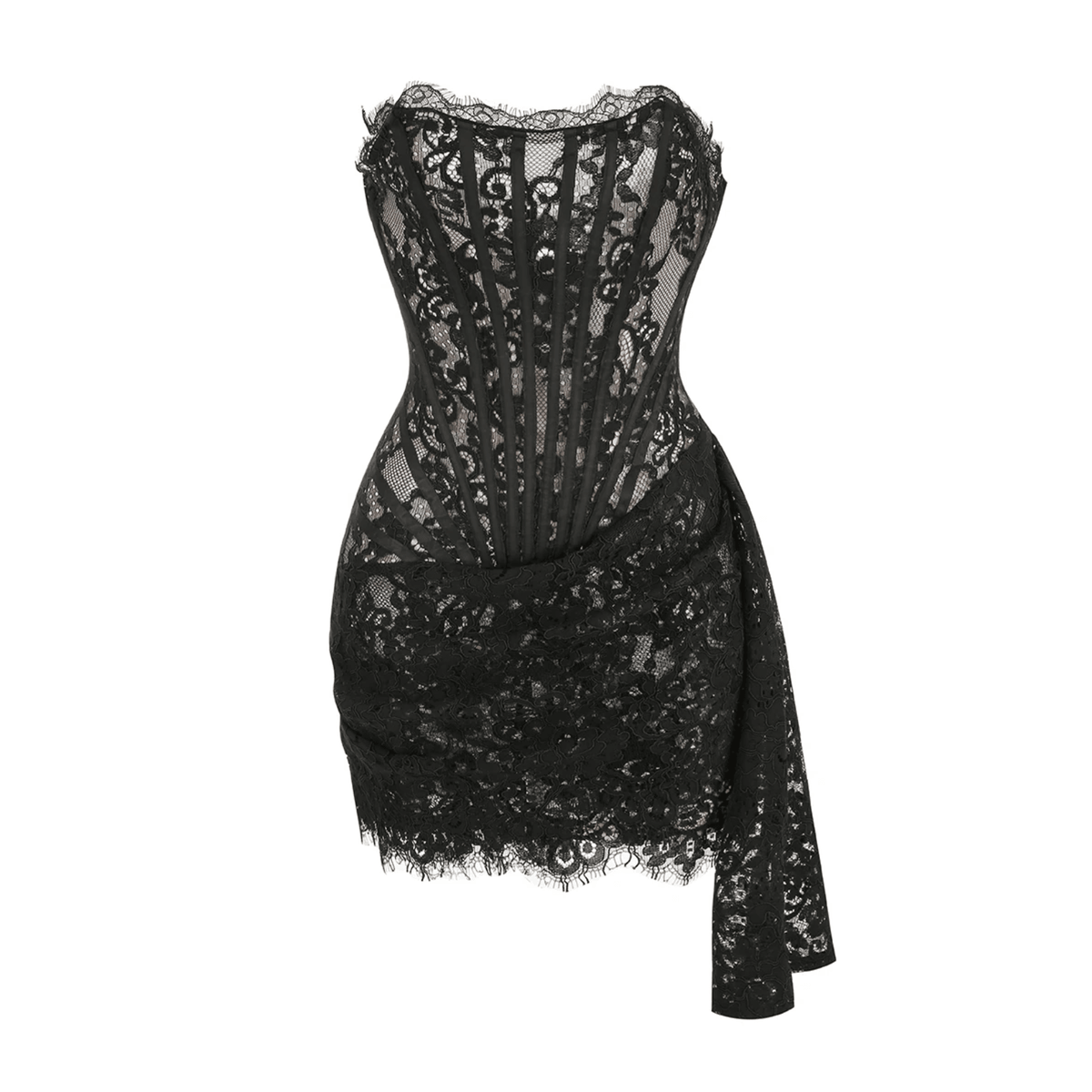 Sheer Lace Strapless Corset Draped Mini Dress 22