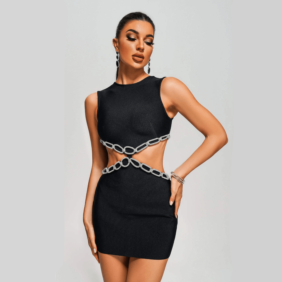 Crew Neck Sleeveless Rhinestone Chain Cut-Out Mini Dress 11