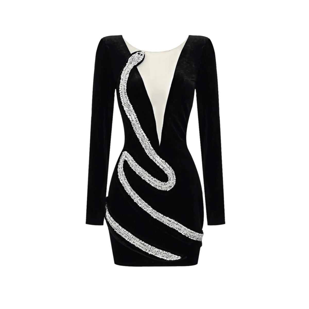 Velvet Plunge Long-Sleeve Crystal Serpent Mini Dress 8