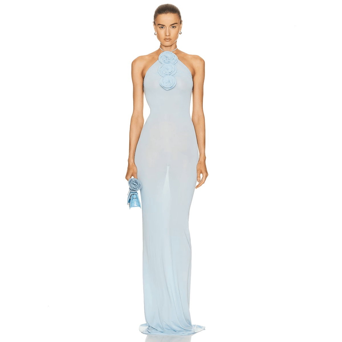 3D Rosette Halter Neck Bodycon Fishtail Maxi Dress 6