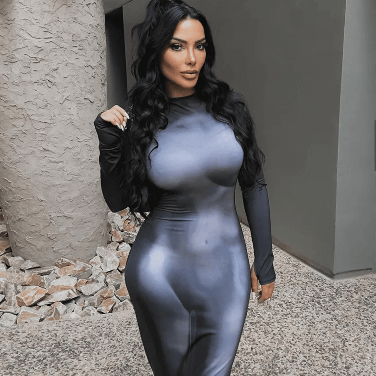 Abstract Print Mock Neck Long Sleeve Bodycon Maxi Dress 7