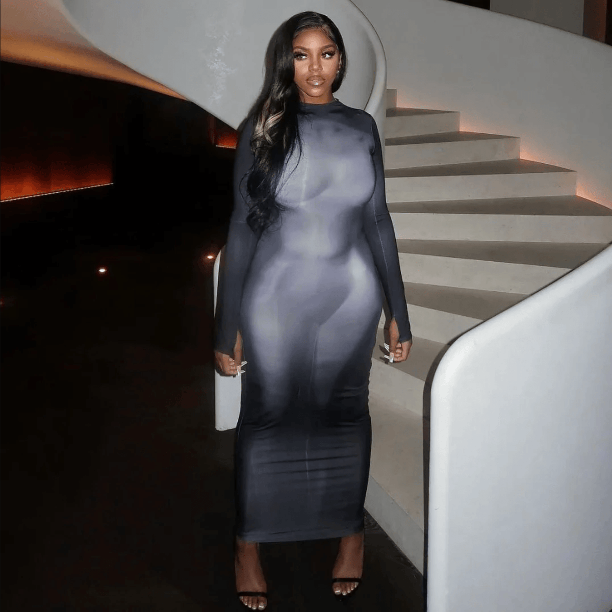 Abstract Print Mock Neck Long Sleeve Bodycon Maxi Dress