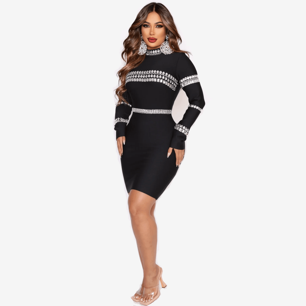 High-Neck Long-Sleeve Crystal-Embellished Bodycon Mini Dress 4