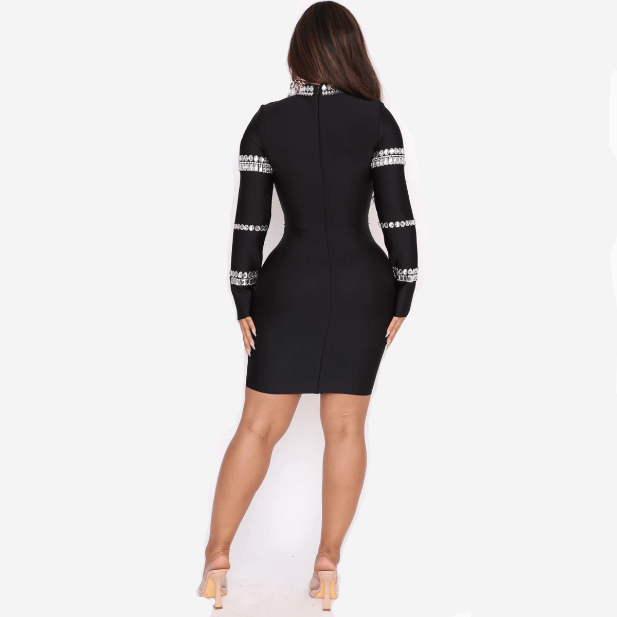 High-Neck Long-Sleeve Crystal-Embellished Bodycon Mini Dress 5
