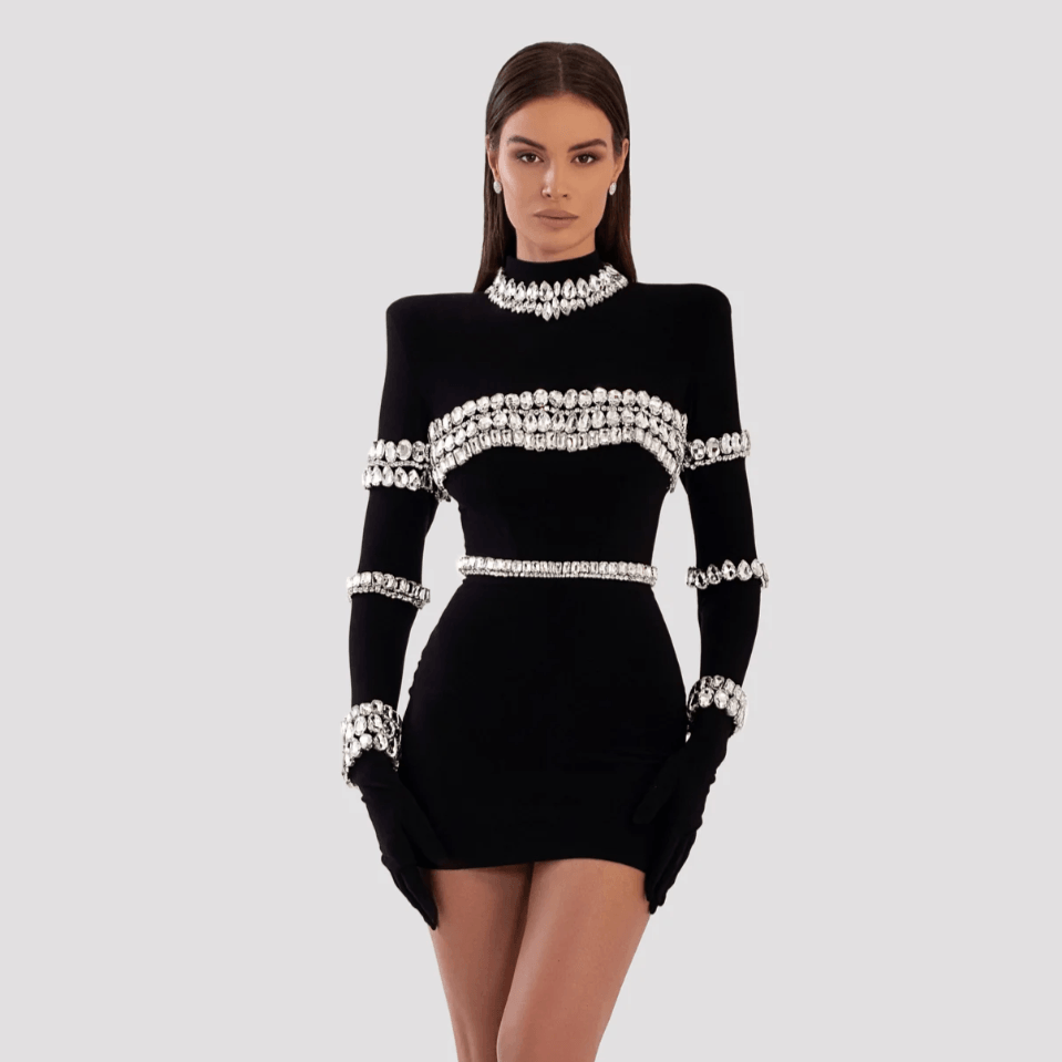 High-Neck Long-Sleeve Crystal-Embellished Bodycon Mini Dress