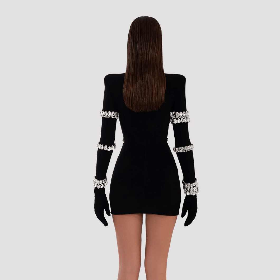 High-Neck Long-Sleeve Crystal-Embellished Bodycon Mini Dress 2