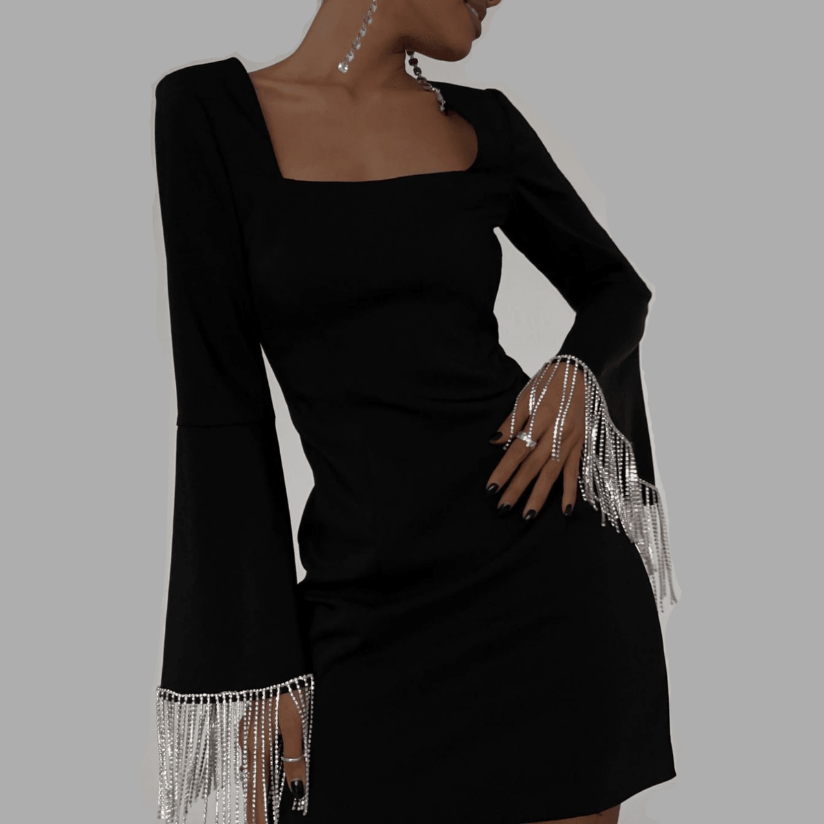 Rhinestone Fringe Open-Back Long-Sleeve Mini Dress 4