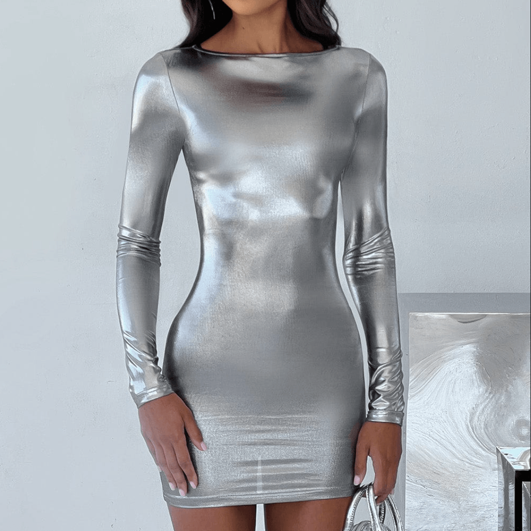 Metallic Crew-Neck Long-Sleeve Bodycon Mini Dress 2