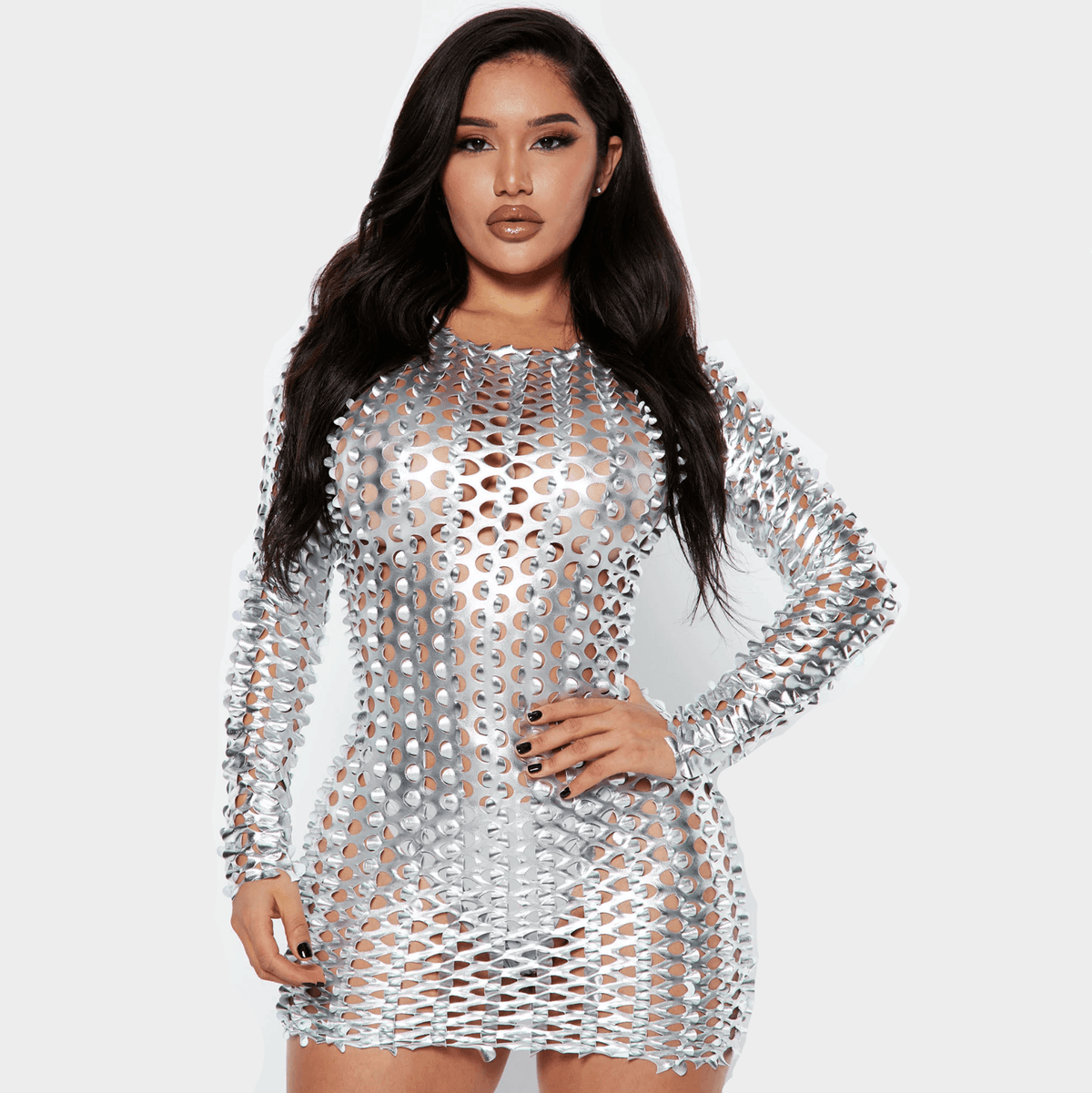 Metallic Cut-Out Long-Sleeve Bodycon Mini Dress