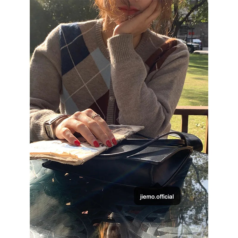 Plaid Round Neck Loose Knit Cardigan - Fashionpara