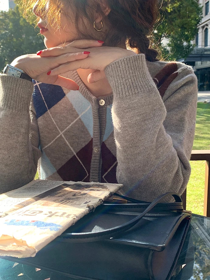 Plaid Round Neck Loose Knit Cardigan - Fashionpara