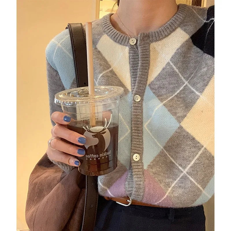 Plaid Round Neck Loose Knit Cardigan 4