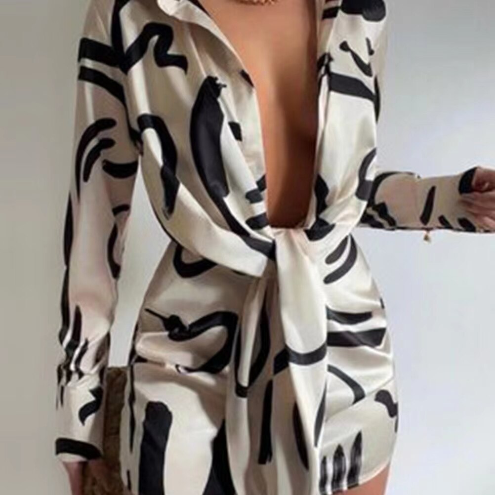 Abstract Print Collared Long Sleeve Twist-Front Mini Dress