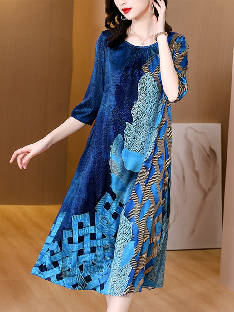 Botanical Print Three Quarter Sleeve Round Neck A-Line Midi Dress
