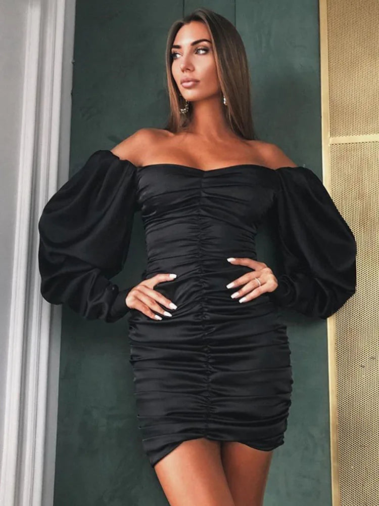 Ruched Satin Off-Shoulder Long Sleeve Bodycon Mini Dress 10