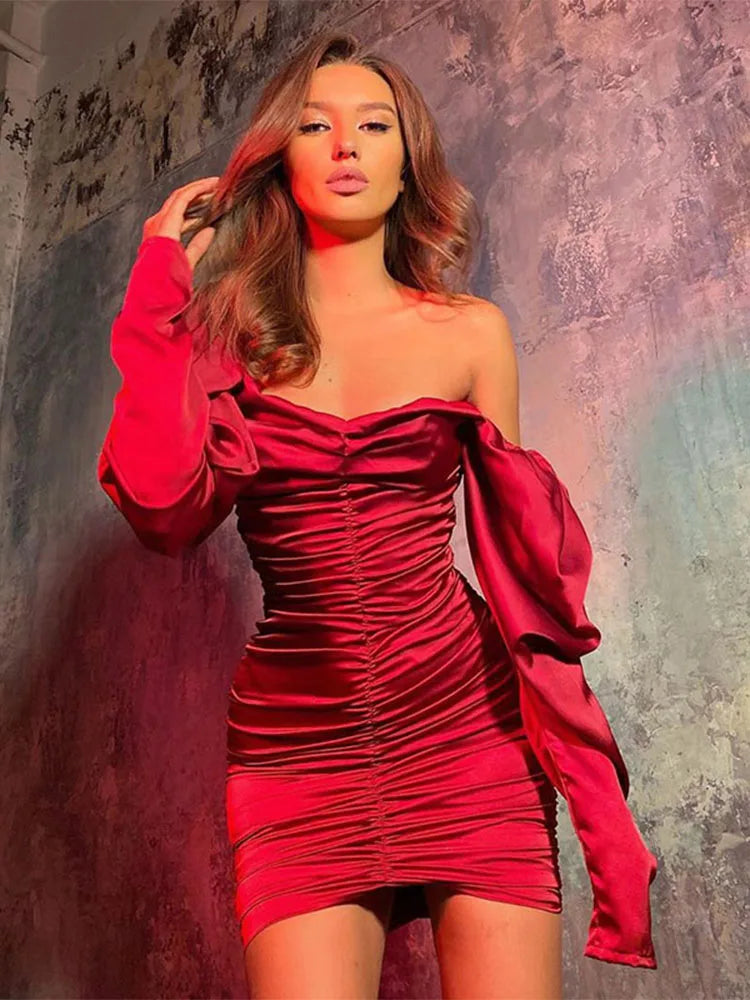 Ruched Satin Off-Shoulder Long Sleeve Bodycon Mini Dress 12