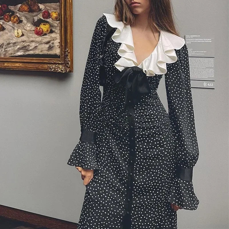 Polka Dot Ruffle Collar Long Sleeve Button Front Dress