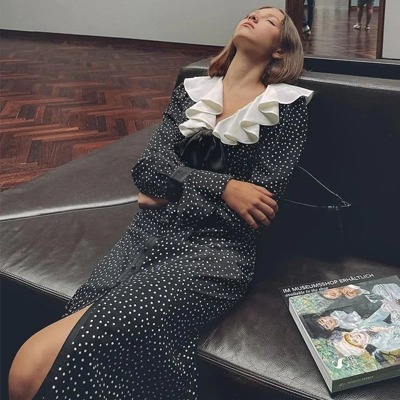 Polka-Dot Ruffle-Collar Long-Sleeve Bow-Front Midi Dress 2