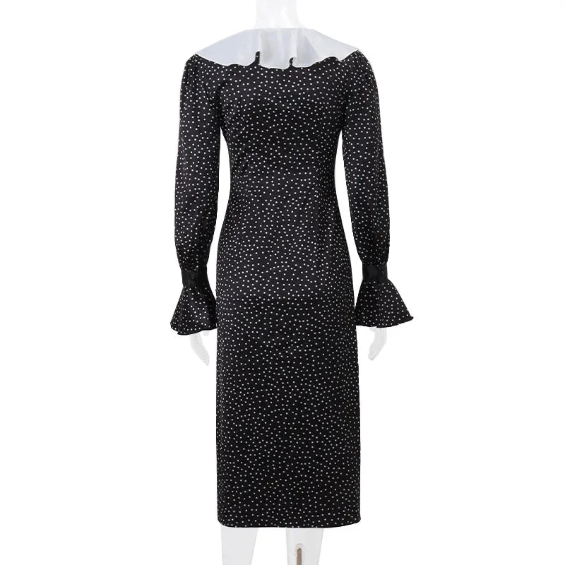Polka-Dot Ruffle-Collar Long-Sleeve Bow-Front Midi Dress 6