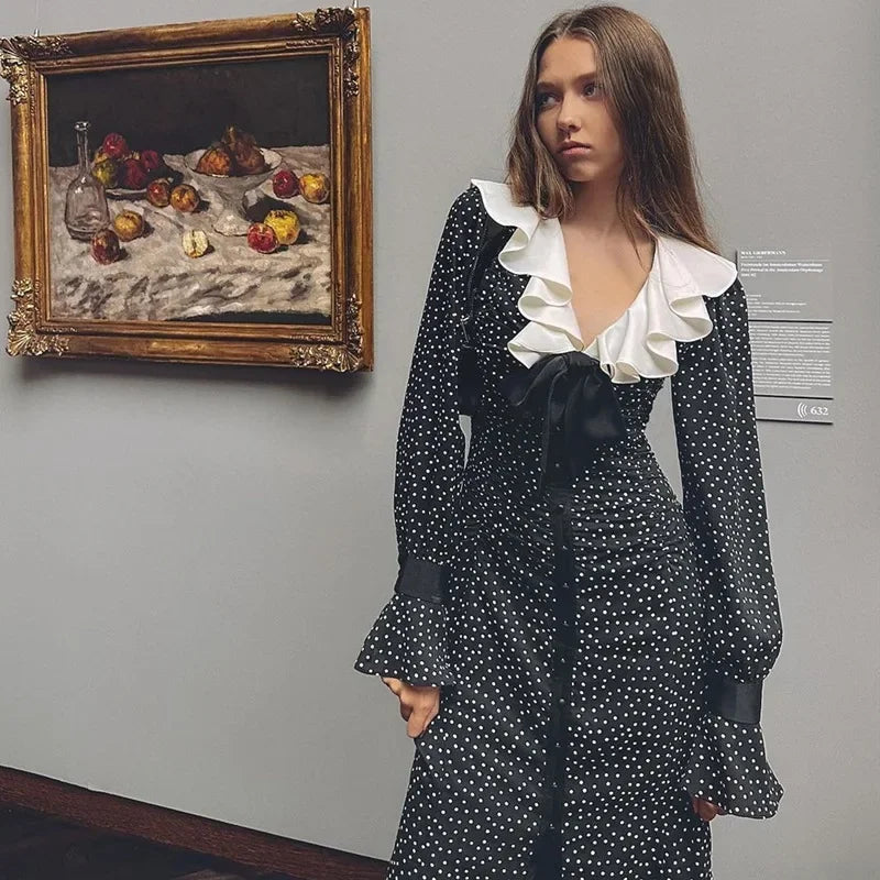 Polka Dot Ruffle Collar Long Sleeve Button Front Dress 3