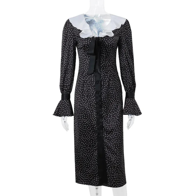 Polka-Dot Ruffle-Collar Long-Sleeve Bow-Front Midi Dress 5