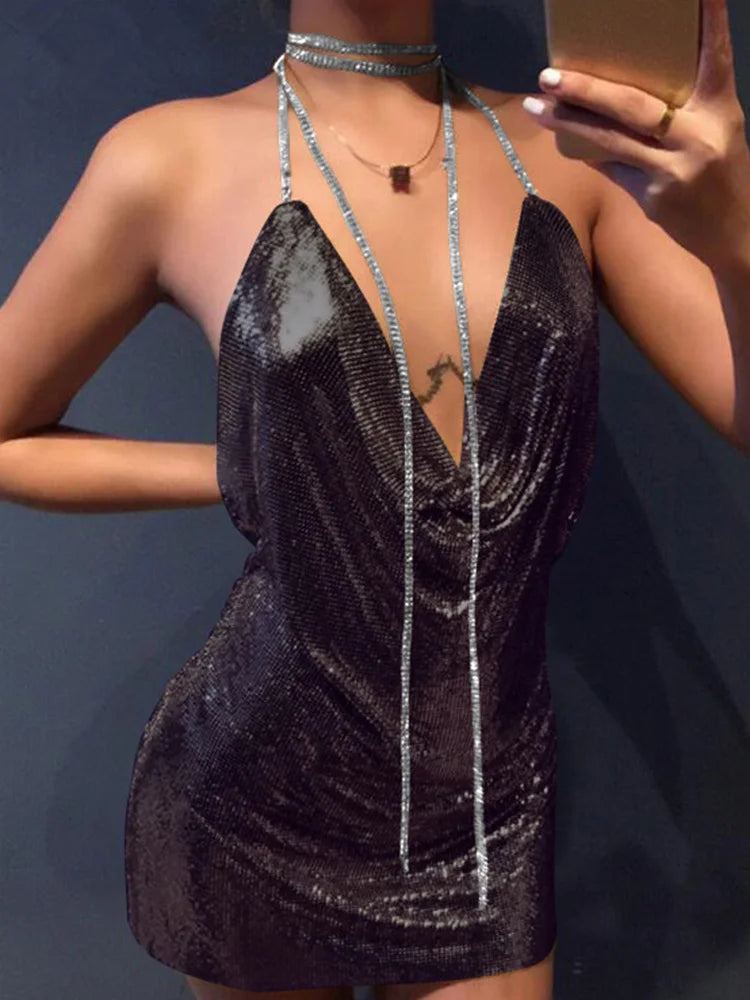 Metallic Sequin Halter Deep-V Backless Mini Dress 3