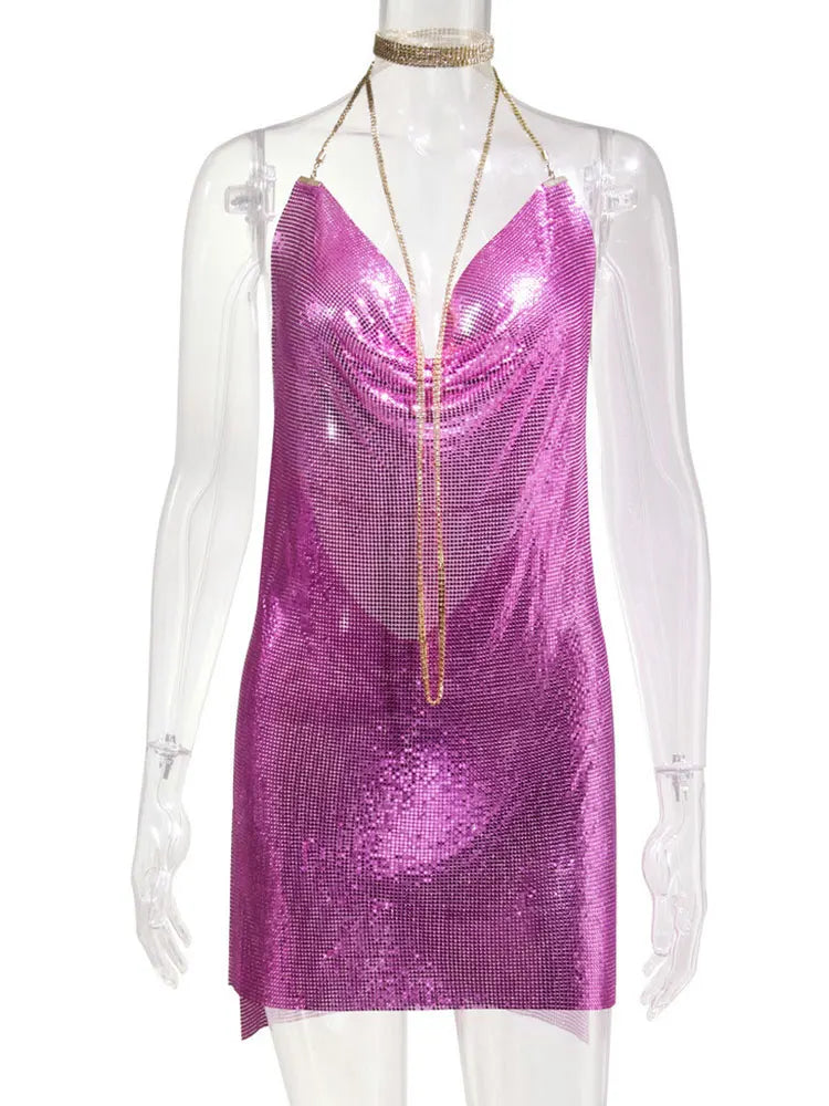 Metallic Sequin Halter Deep-V Backless Mini Dress 8