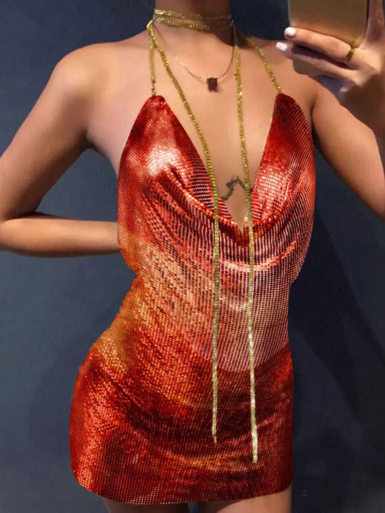 Metallic Sequin Halter Deep-V Backless Mini Dress 7
