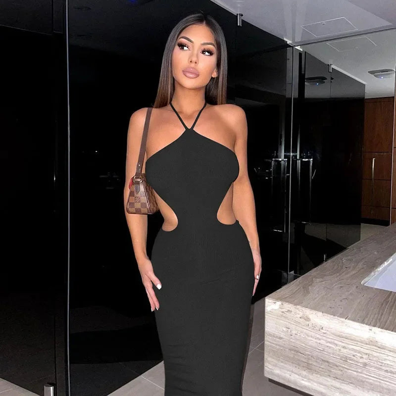 Ribbed Knit Halter Cross-Neck Cutout Waist Bodycon Dress 8