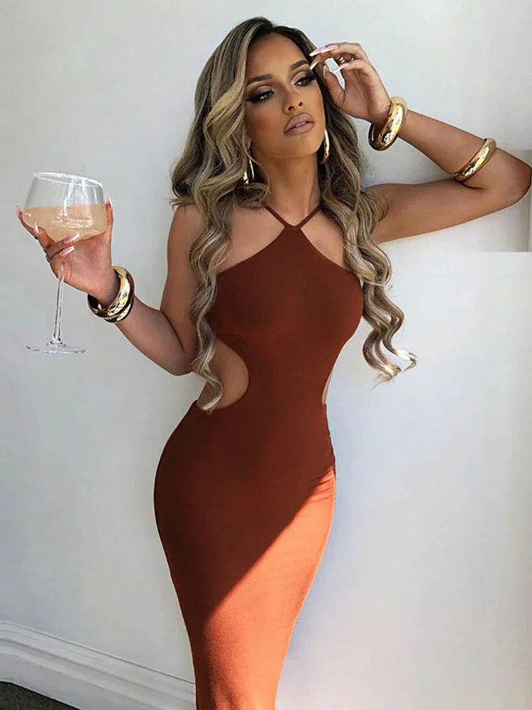 Ribbed Knit Halter Cross-Neck Cutout Waist Bodycon Dress 2