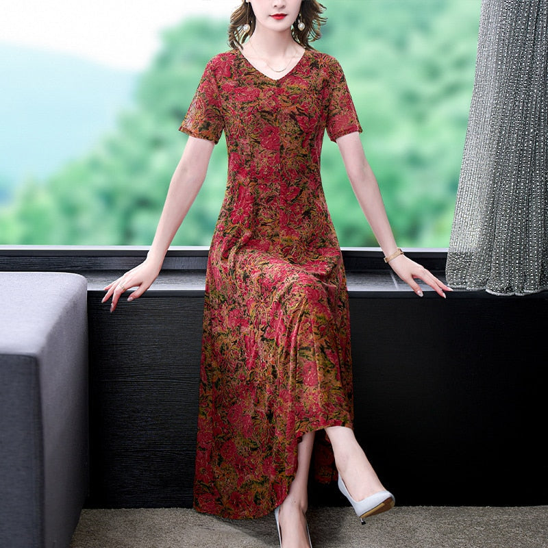 Floral Print V-Neck Long Sleeve Fit and Flare Maxi Dress - View 4