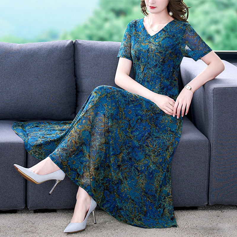 Floral Print V-Neck Long Sleeve Fit and Flare Maxi Dress - View 5
