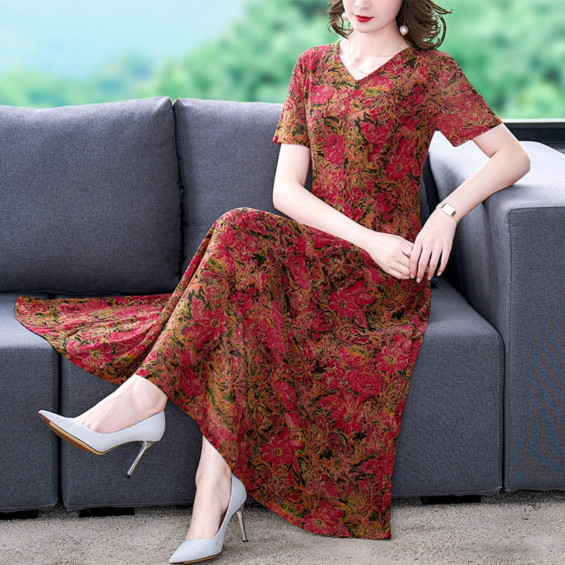 Floral Print V-Neck Long Sleeve Fit and Flare Maxi Dress - View 3