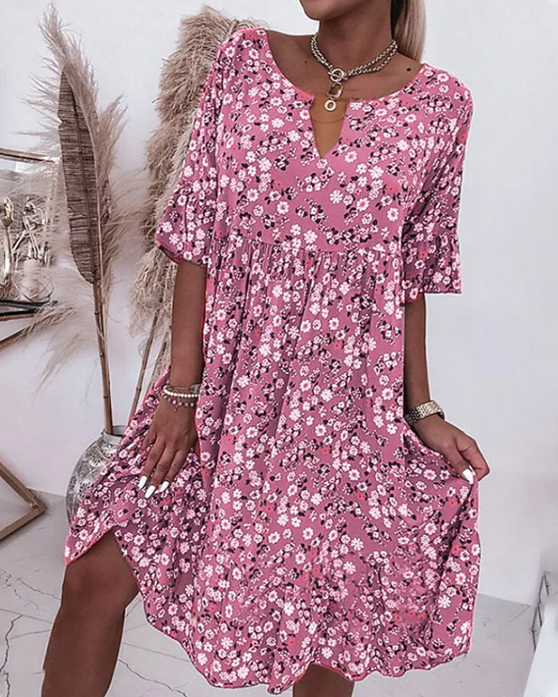 Floral Print V-Neck Ruffle Cuff Sleeve Empire Waist Mini Dress