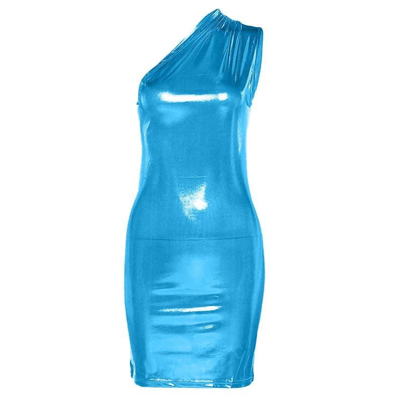 Metallic solid one shoulder ruched irregular mini dress - View 9