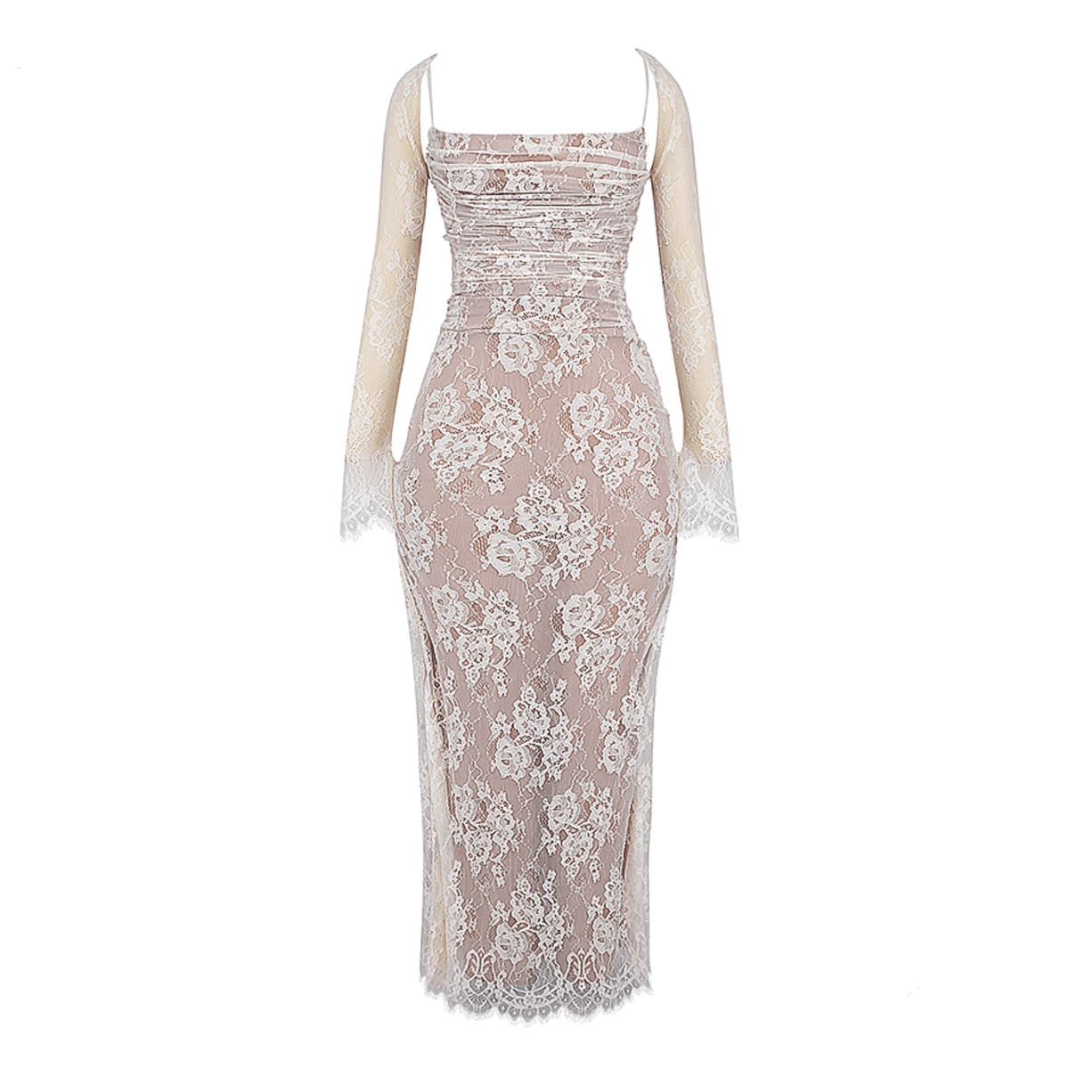 Vintage Lace Strappy Long-Sleeve Ruched Maxi Dress 15