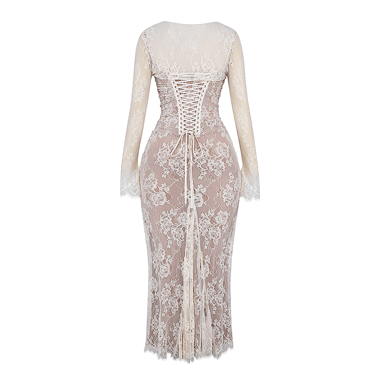 Vintage Lace Strappy Long-Sleeve Ruched Maxi Dress 16