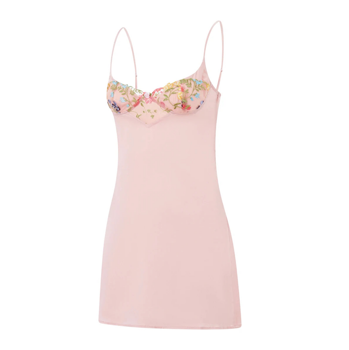 Satin Sweetheart Spaghetti Strap Floral Embroidery Slip Mini Dress - View 6