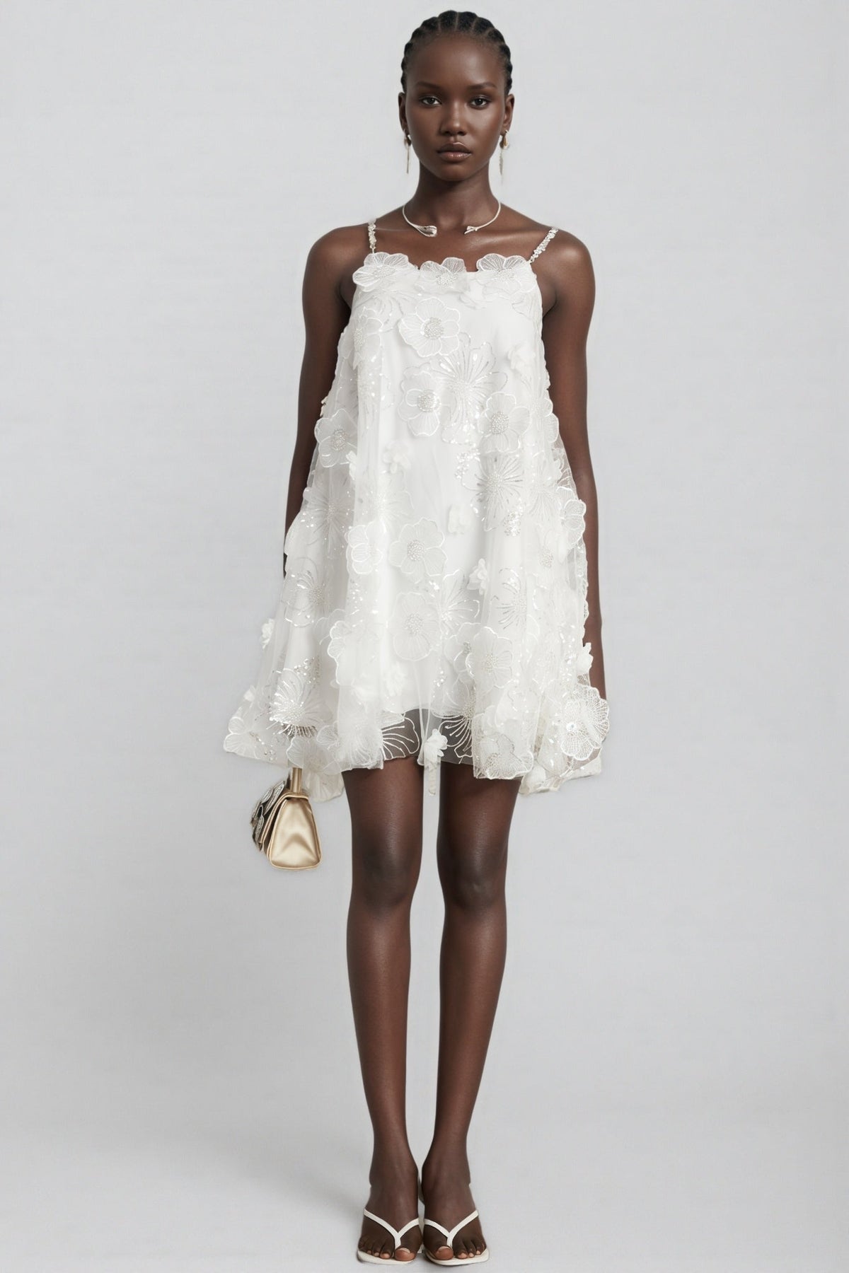3D Floral Applique Sequin Spaghetti Strap Tulle Mini Dress - View 2