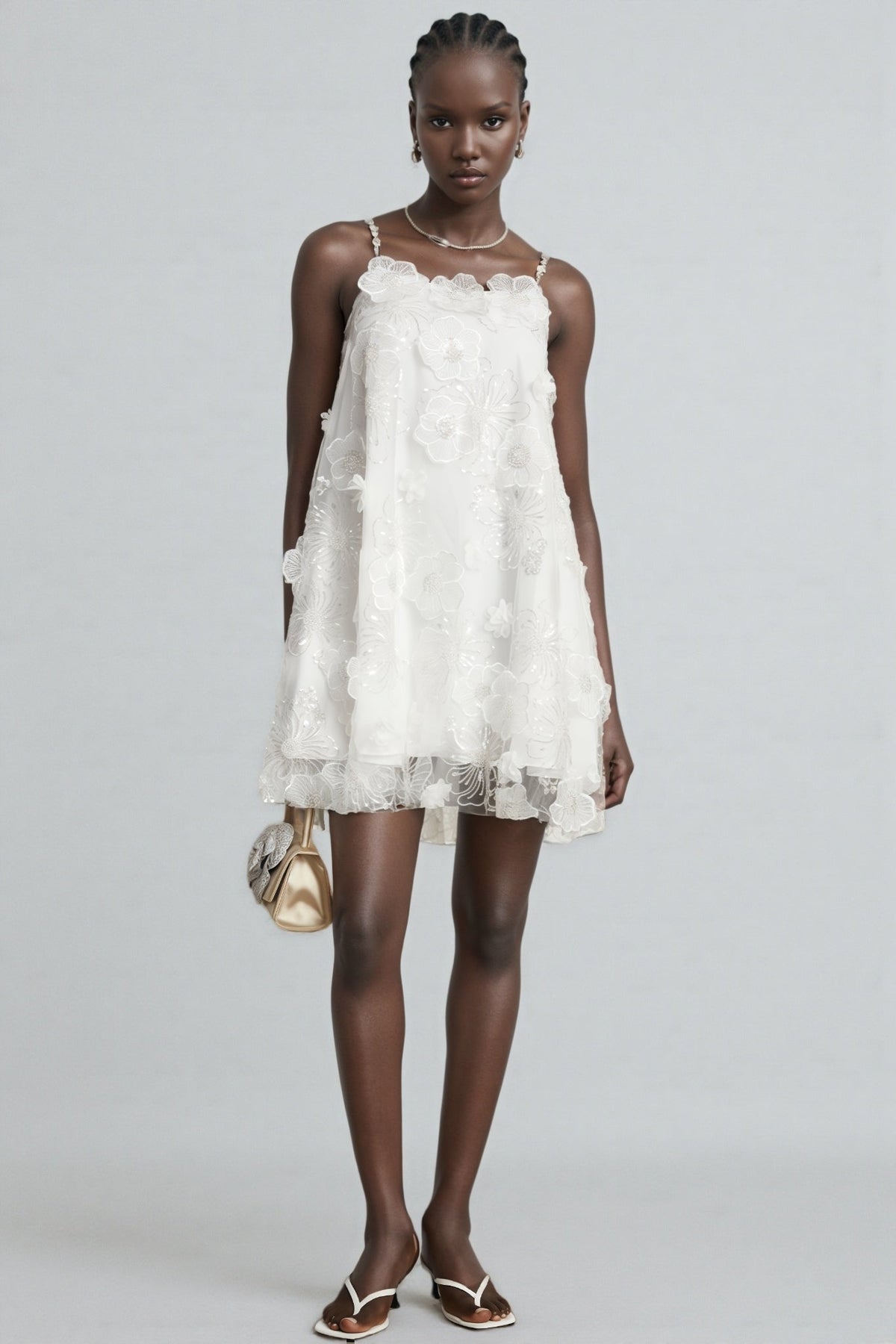 3D Floral Applique Sequin Spaghetti Strap Tulle Mini Dress - View 3